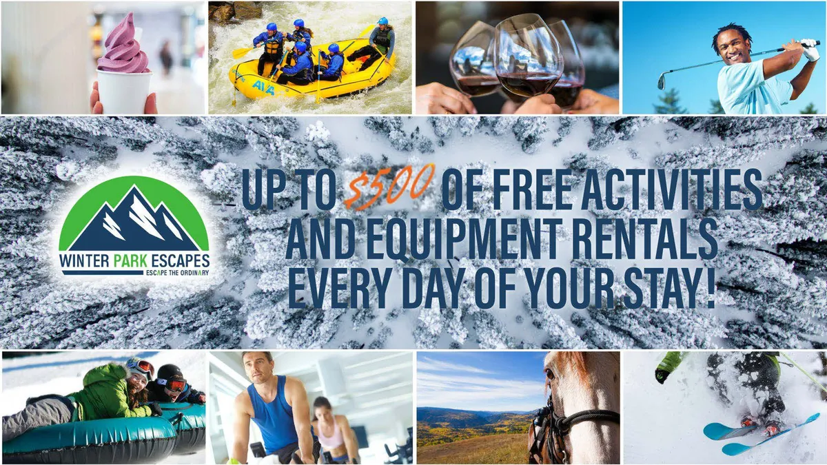 A dynamic collage of activities including rafting, wine tasting, golfing, winter sports, and horseback riding. The image pulses with excitement, showcasing the range of curated adventure experiences available to guests.