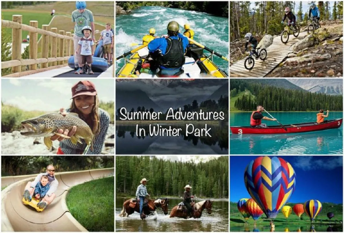 A vibrant outdoor scene packed with summer activities: families rafting down a river, cyclists riding along scenic trails, children fishing by the water's edge, people enjoying hot air balloon rides, and groups having fun in the sun. The landscape is lush and green, framed by mountains in the background, capturing the spirit of adventure and togetherness.